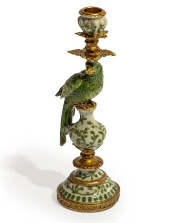 Antiqued Ornate Green/White Parrot Candle Holder