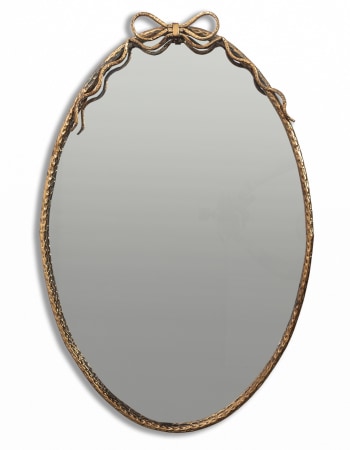 Large Oval Gold Hammered Metal Wall Mirror w/ Bow