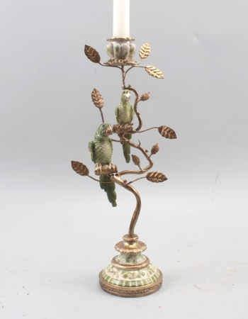 Antiqued Ornate Branch Green/Gold Parrot Pair Candle Holder
