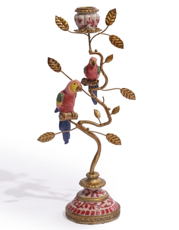 Antiqued Ornate Branch Red/Gold Parrot Pair Candle Holder