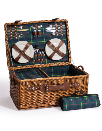 Luxury Tartan 4-Person Picnic Hamper w/ Leather Handles & Accessories