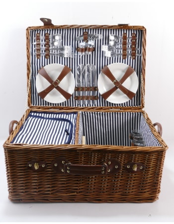 Luxury Pinstripe 4-Person Picnic Hamper w/ Leather Handles & Accessories