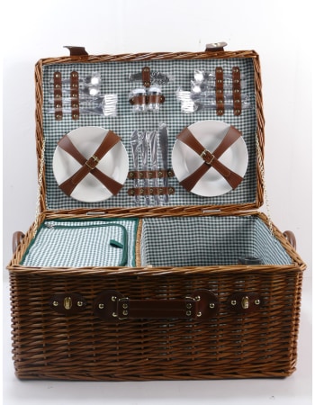 Luxury Gingham 4-Person Picnic Hamper w/ Leather Handles & Accessories