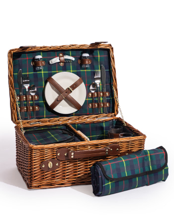Luxury Tartan 2-Person Picnic Hamper w/ Leather Handles & Accessories