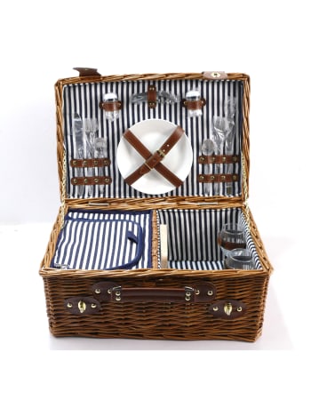 Luxury Pinstripe 2-Person Picnic Hamper w/ Leather Handles & Accessories