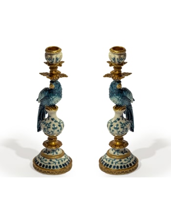 Pair of Antiqued Ornate Blue/White Parrot Candle Holder