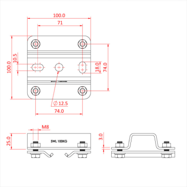Doughty T84120 Studio Rail Ceiling Bracket 25mm Dimensions Stage Electrics