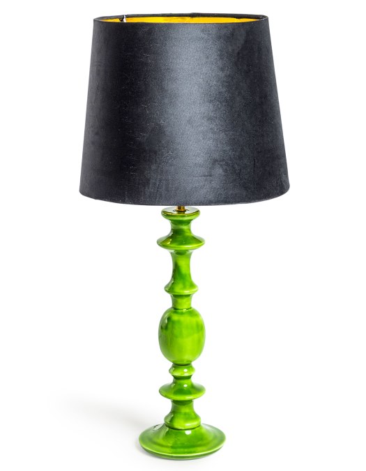 Green Gloss Wooden Table Lamp with Metallic-Lined Velvet Shade