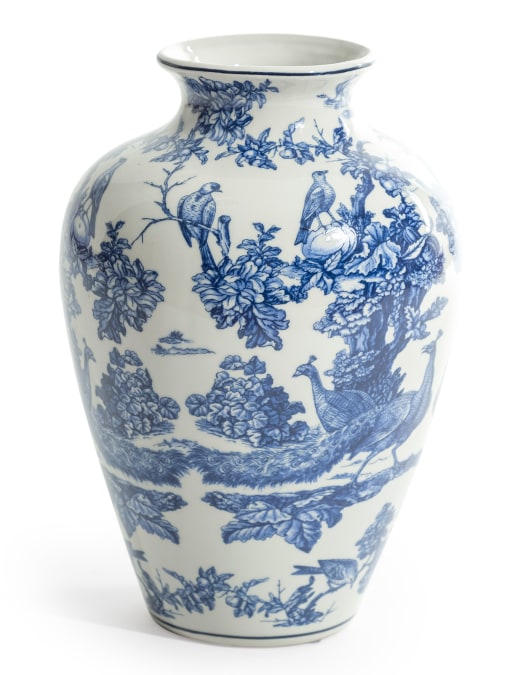 White & Blue Ceramic Flora & Fauna Bird Vase