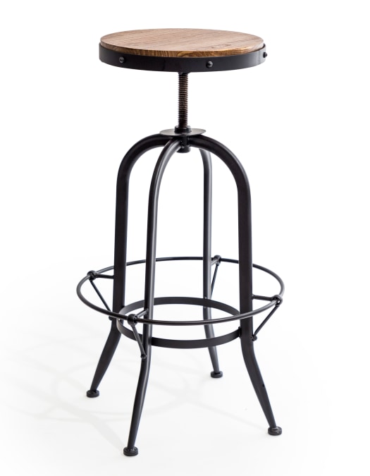 Matt Black Vintage Style Adjustable Bar Stool w/ Wood Seat