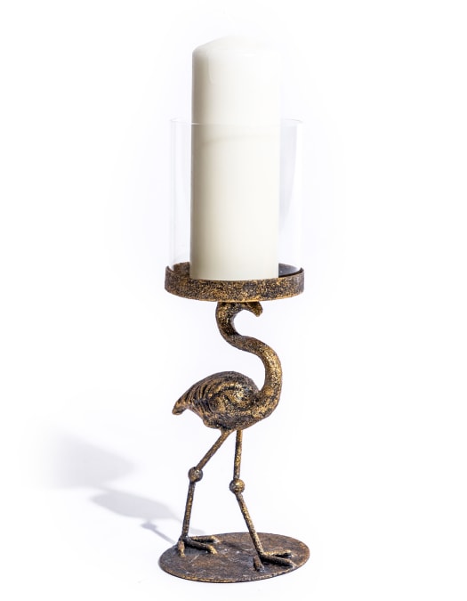 Antiqued Flamingo Candle Holder with Glass Cover