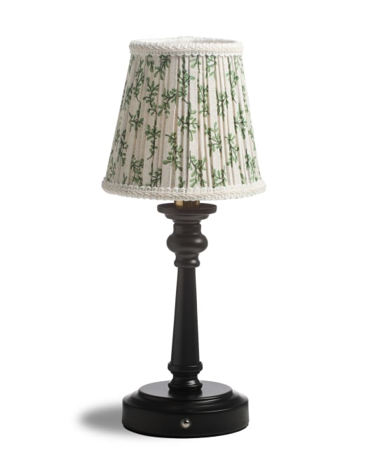 Matt Black & Brass Rechargeable Table Lamp w/ Floral Pattern Pleated Shade