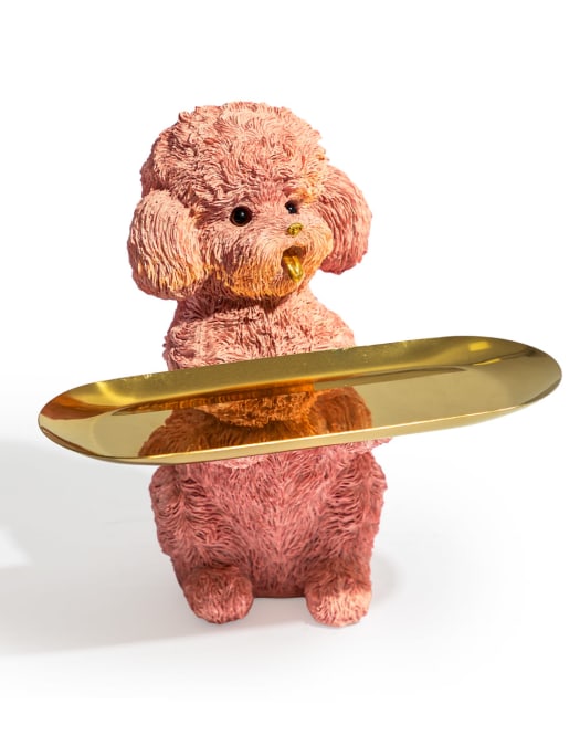 Pink Poodle Dog Holding Gold Tray