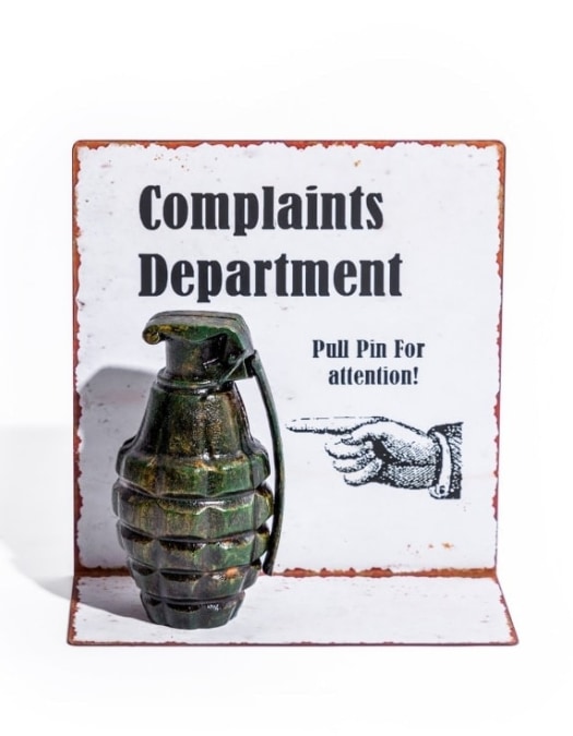 Grenade with "Complaints Department" Antiqued Metal Table Sign
