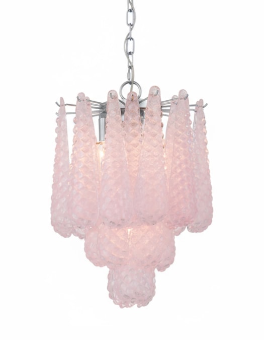 Chrome w/ Pink Bubbled Glass "Gicel" Chandelier