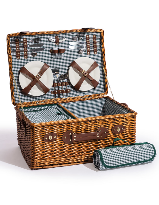 Luxury Gingham 4-Person Picnic Hamper w/ Leather Handles & Accessories