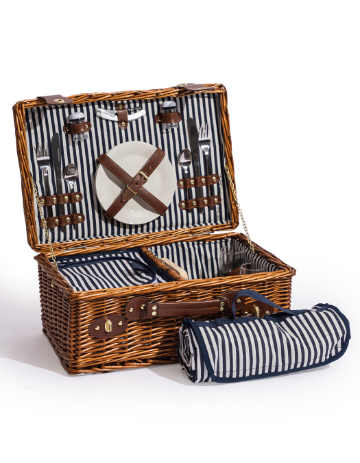 Luxury Pinstripe 2-Person Picnic Hamper w/ Leather Handles & Accessories