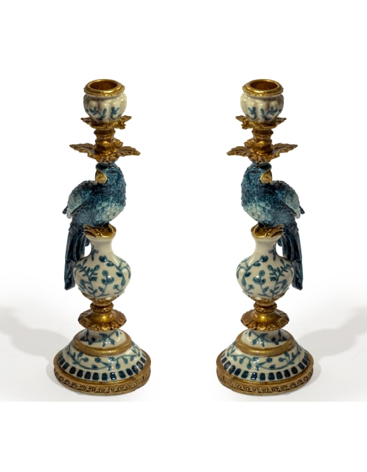Pair of Antiqued Ornate Blue/White Parrot Candle Holder