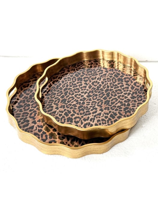 Waved Set of 2 Brushed Gold Leopard Print Serving Trays