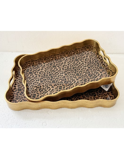 Rectangular Waved Set of 2 Brushed Gold Leopard Print Serving Trays