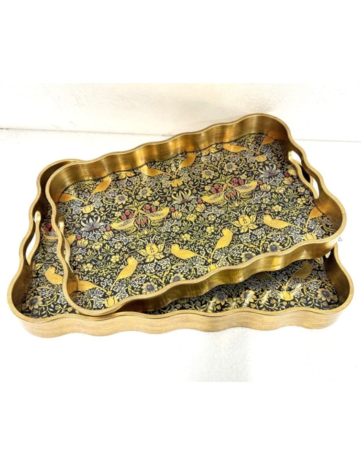 Rectangular Waved Set of 2 Brushed Gold Strawberry Thief Serving Trays