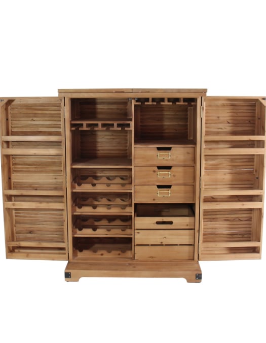 Rustic Slatted Wood Fold-Out Bar Cabinet