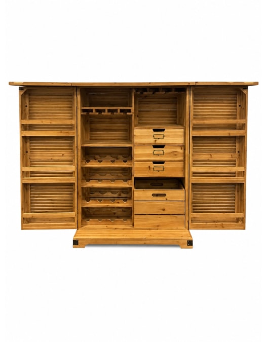 Rustic Slatted Wood Fold-Out Bar Cabinet