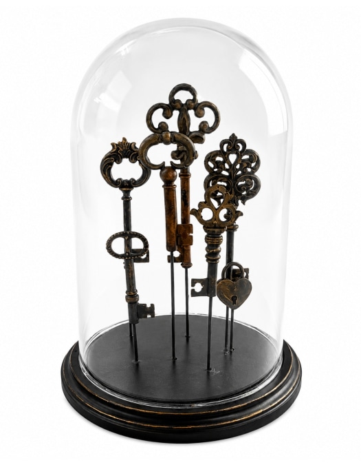 Glass Dome/Cloche w/ Multi Antiqued Keys on Black Base