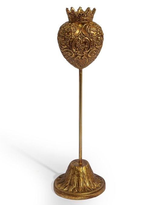 Antique Gold Embossed Crown Heart Ornament on Stand
