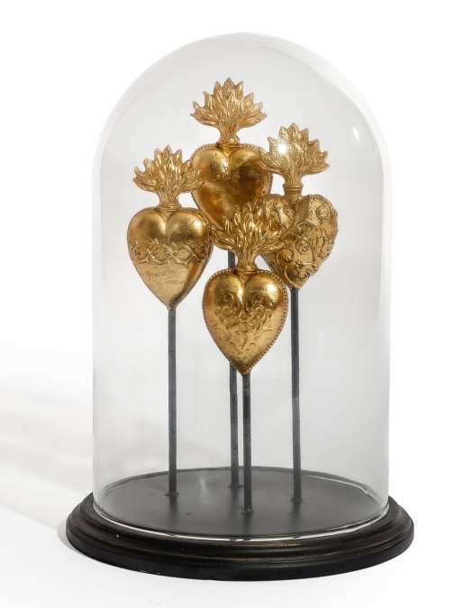 Glass Dome/Cloche w/ Multi Gold Hearts on Black Base