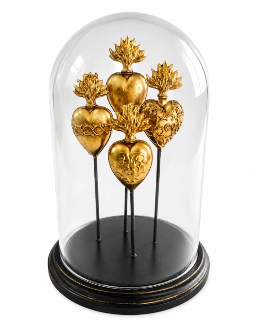 Glass Dome/Cloche w/ Multi Gold Hearts on Black Base