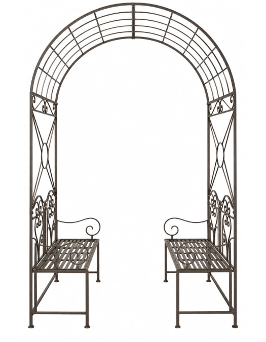 "Rusted Black" Metal Two Garden Benches w/ Climbing Arch