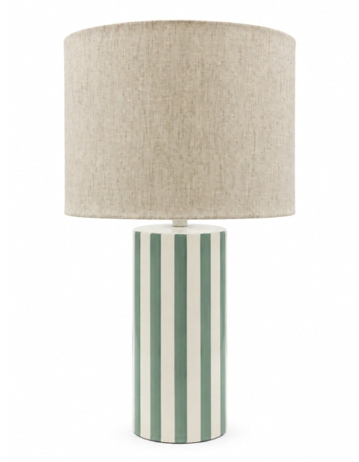Green & White Stripe Ceramic Table Lamp w/ Oatmeal Cylinder Shade