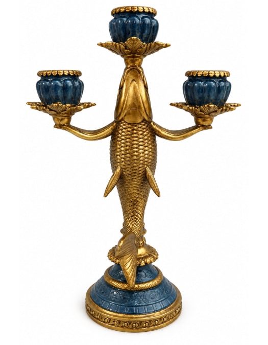 Antiqued Gold & Blue Fish Candle Holder