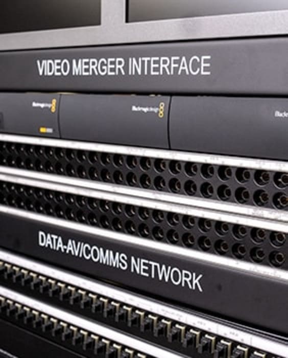 Rack with video hardware and patch bay