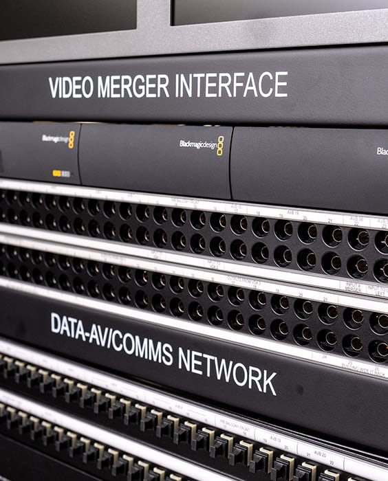 Rack with video hardware and patch bay