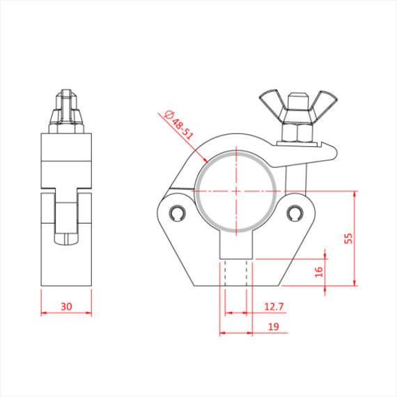 Doughty T57001 Slimline Half Coupler M12 Hole Zinc Aluminium Clamp DImensions Stage Electrics