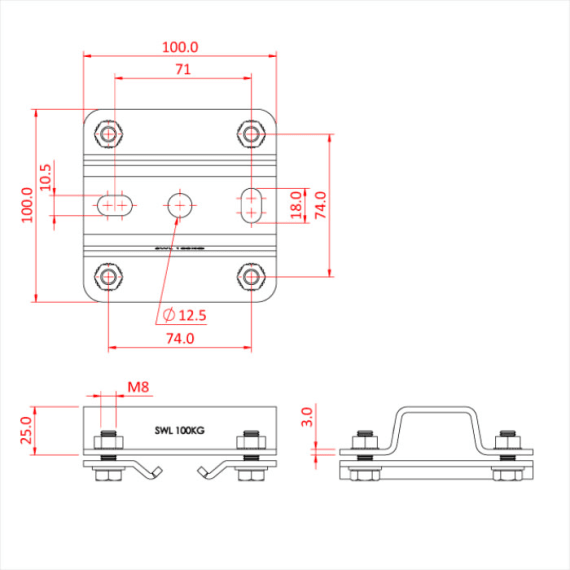 Doughty T84120 Studio Rail Ceiling Bracket 25mm Dimensions Stage Electrics