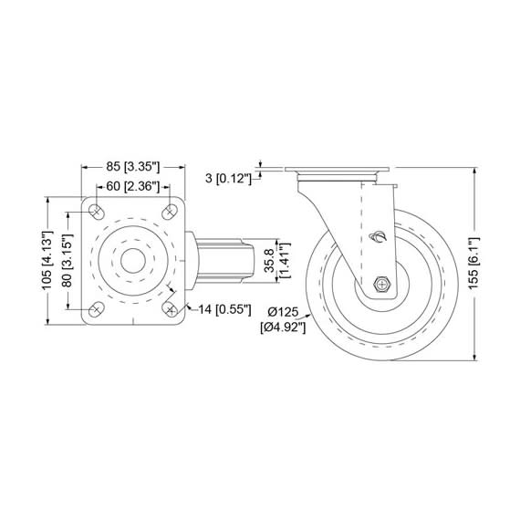 Penn W8992 Castor with Swivel Blue Rubber Wheel - 127mm (180kg)