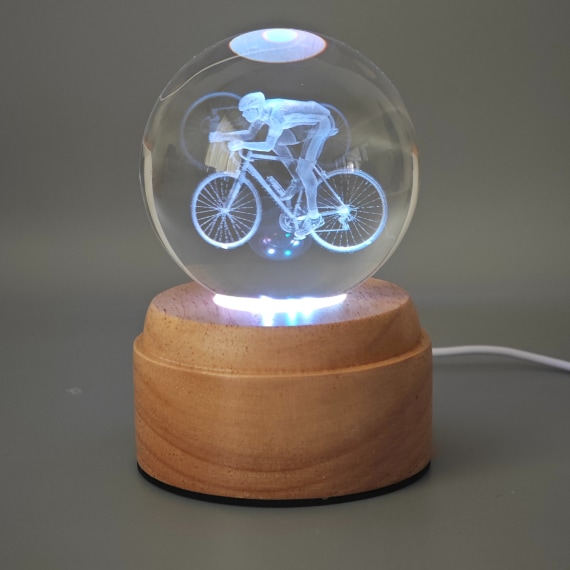 Cyclist Rotating 3D Crystal Globe Light - Wooden