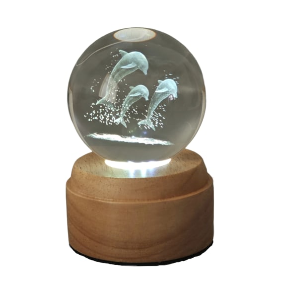 Dolphins Rotating 3D Crystal Globe Light - Wooden