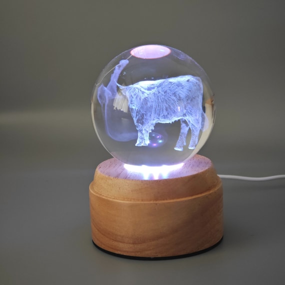 Highland Cow Rotating 3D Globe Light - Wooden