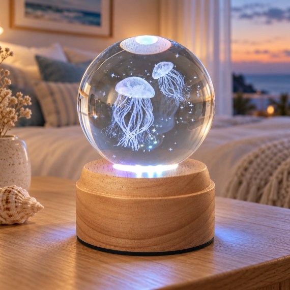 Jellyfish Rotating 3D Crystal Globe Light - Wooden