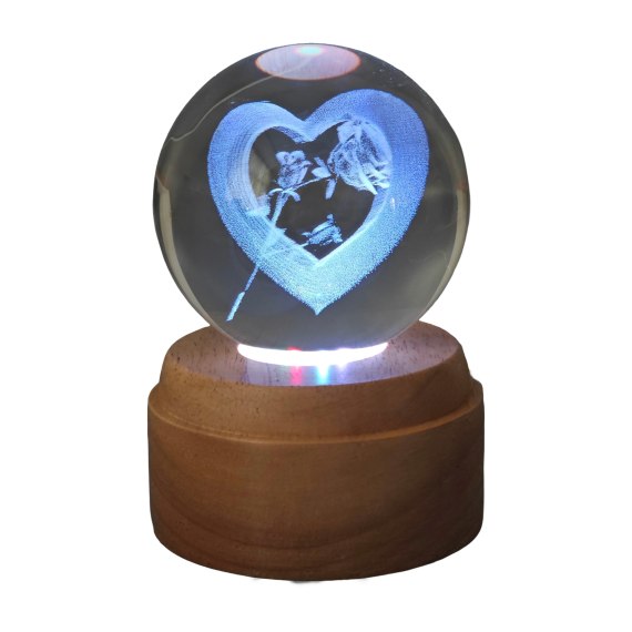 Rose and Heart Rotating 3D Globe Light - Wooden