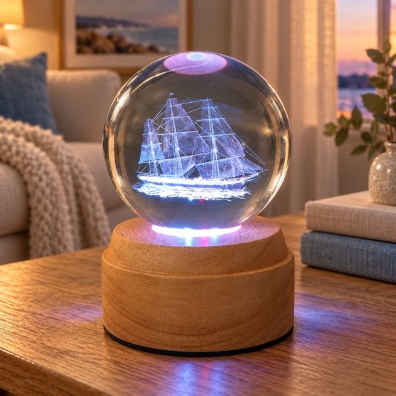 Sailing Ship Rotating 3D Globe Light - Wooden