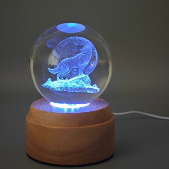 Wolf Rotating 3D Crystal Globe Light - Wooden