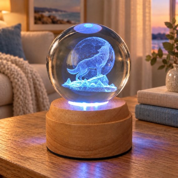 Wolf Rotating 3D Crystal Globe Light - Wooden