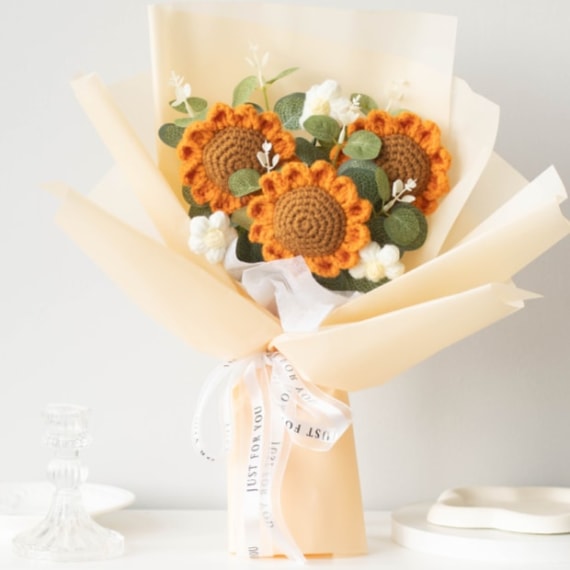 Triple Sunflower Crochet Flower Bouquet - Orange
