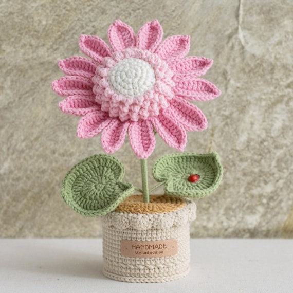 Crochet Sunflower with Crochet Pot - Pink