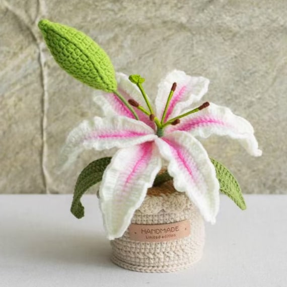 Crochet Lily with Crochet Pot - White Pink